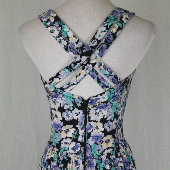 Vintage Laura Ashley Cross Back Dress Blue Pansy Print Cotton Made in Ireland